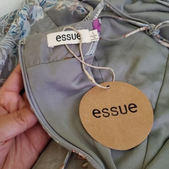 essue Floral Print Gray Maxi Romper Dress With Sheer Overlay Halter Neck Size L - Picture 5 of 16